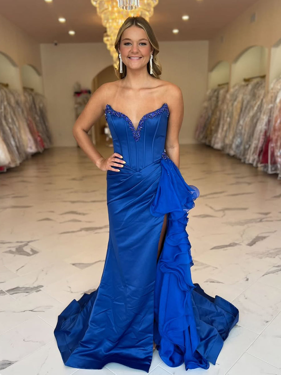 Royal Blue Strapless Satin Ruffled Long Corset Prom Dress with Slit Alinepromdress Royal Blue Strapless Satin Ruffled Long Corset Prom Dress with Slit Alinepromdress