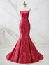 Sculpted Red Strapless Floral Brocade Mermaid Prom Dress