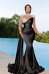Long Black Mermaid High Neck Satin Prom Dresses With Sleeves