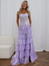 Sparkly Lilac Strapless Tiered Ruffle Corset Prom Dress with Slit