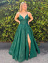 Sparkly Green A-Line V-Neck Lace Up Appliques Tulle Long Party Prom Dress