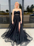 Strapless Black Tulle Long Prom Dresses with Slit