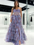 Strapless Floral Print Tiered Ruffles Corset Prom Dress with Slit