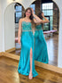 Turquoise Strapless Crystal Bodice Scattered Rhinestone Prom Dress