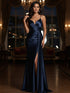 V-Neck Spaghetti Straps Satin Long Prom Dress