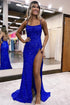 Sparkly Royal Blue Spaghetti Straps Sequins Mermaid Long Prom Dress with Slit