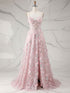 Whimsical Pink 3D Floral Applique Tulle Prom Dress with Slit