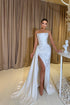 Sexy Mermaid Strapless Satin Split Front Long Prom Dresses With Beads