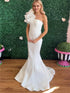 White One-Shoulder Mermaid Prom Dress with Sculptural Ruffle Strap