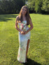 White Pink Floral Print Strapless Sequin Prom Dress with Slit