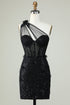 Black Bodycon One Shoulder Corset Short Homecoming Dress with Appliques