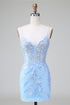 Sparkly Blue Spaghetti Straps Corset Short Homecoming Dress with Sequins