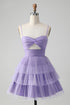 Cute Purple A Line Spaghetti Straps Short Tiered Homecoming Dress with Hollow Out