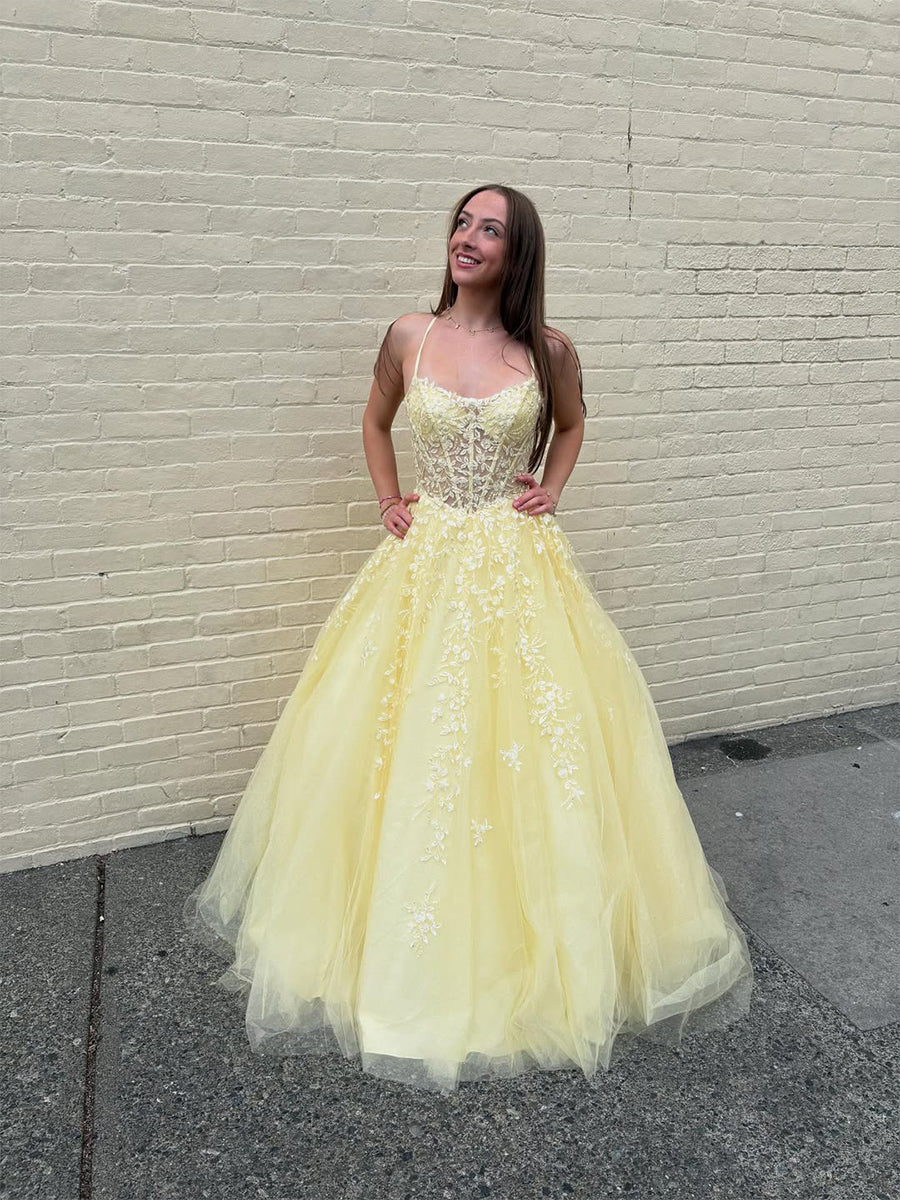 Yellow Floral A Line Lace Tulle Long Prom Dress with Appliqué ...