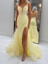 Yellow Floral Beaded Plunging Sweetheart Corset Prom Dress with Slit