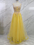 Yellow Metallic Lace Appliqué Tulle Long Prom Dress with Slit