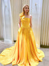 Yellow One-Shoulder 3D Flower Satin Prom Dress with Pockets