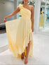 Yellow One-Shoulder Rosette Chiffon Prom Dress with High-Low Ruffled Skirt