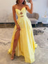 Yellow Strapless A-Line Cutouts Prom Dress with High Slit
