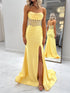 Yellow Satin Strapless Corset Prom Dress with Slit