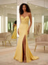 Yellow Strapless Beaded Corset Bow Prom Dress with High Slit