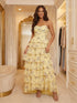 Yellow Strapless Floral Print Prom Dress with Tiered Ruffle Skirt