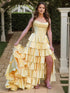 Yellow Strapless Tiered Ruffle Corset Long Prom Dress with Slit