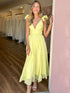 Yellow A-Line V-Neck Ruffled Straps Chiffon Party Prom Dress