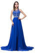 A-line Crew Floor-length Sleeveless Tulle Prom Dresses with Crystal Beads