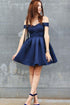 A-Line Off-the-Shoulder Short Navy Blue Satin Sleeveless Homecoming Dress PD404