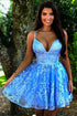 A Line Spaghetti Straps Blue Criss-Cross Homecoming Dress With Appliques PD375