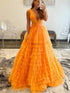 A-line V Neck Layered Tulle Long Prom Dresses Orange Formal Evening Gowns
