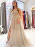 A-line V Neck Open Back Tulle Beaded Long Prom Dress with High Slit Gray Formal Evening Gowns
