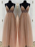 A-Line/Elegant Beading Tulle Spaghetti Straps Sleeveless Floor-Length Prom Dresses
