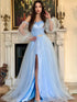 A-Line/Elegant Off-the-Shoulder Beading Long Sleeves Floor-Length Tulle Prom Dresses