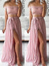 A-Line/Elegant Off-the-Shoulder Sleeveless Chiffon Floor-Length Lace Two Piece Prom Dresses