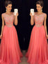 A-Line/Elegant Scoop Sleeveless Beading Floor-Length Chiffon Prom Dresses
