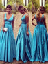 A-Line/Elegant Sleeveless V-neck Elastic Woven Satin Ruched Floor-Length Prom Dresses