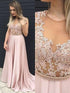 A-Line/Elegant Sleeveless V-neck Satin Lace Floor-Length Prom Dresses