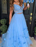 A-Line/Elegant Tulle Off-the-Shoulder Applique Sleeveless Floor-Length Prom Dresses