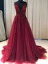 A-Line/Elegant V-neck Sleeveless Ruffles Tulle Prom Dresses