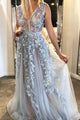 A-line Floral Appliques Long Prom Dress Plunging Neckline Formal Gown ZXS731