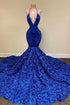 Deep V-neck Halter Mermaid Prom Dress with  Sequins and Floral