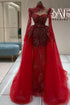 Amazing Column Tulle Lace Sweetheart Long Sleeve Red Prom Dress With Train