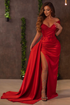 Red Mermaid V-Neck Off The Shoulder Slit Prom Dress with Sequins