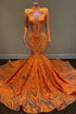 High Neck Mermaid Orange Prom Dress with Long Sleeves Sequins Lace