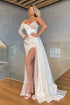White Long Sleeves Mermaid Satin Sweetheart Satin Prom Dresses with Slit