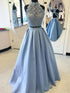 Ball Gown High Neck Sleeveless Floor-Length Applique Satin Two Piece Prom Dresses