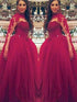 Ball Gown Long Sleeves High Neck Applique Floor-Length Tulle Prom Dresses