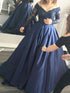 Ball Gown Off-the-Shoulder Long Sleeves Beading Satin Prom Dresses
